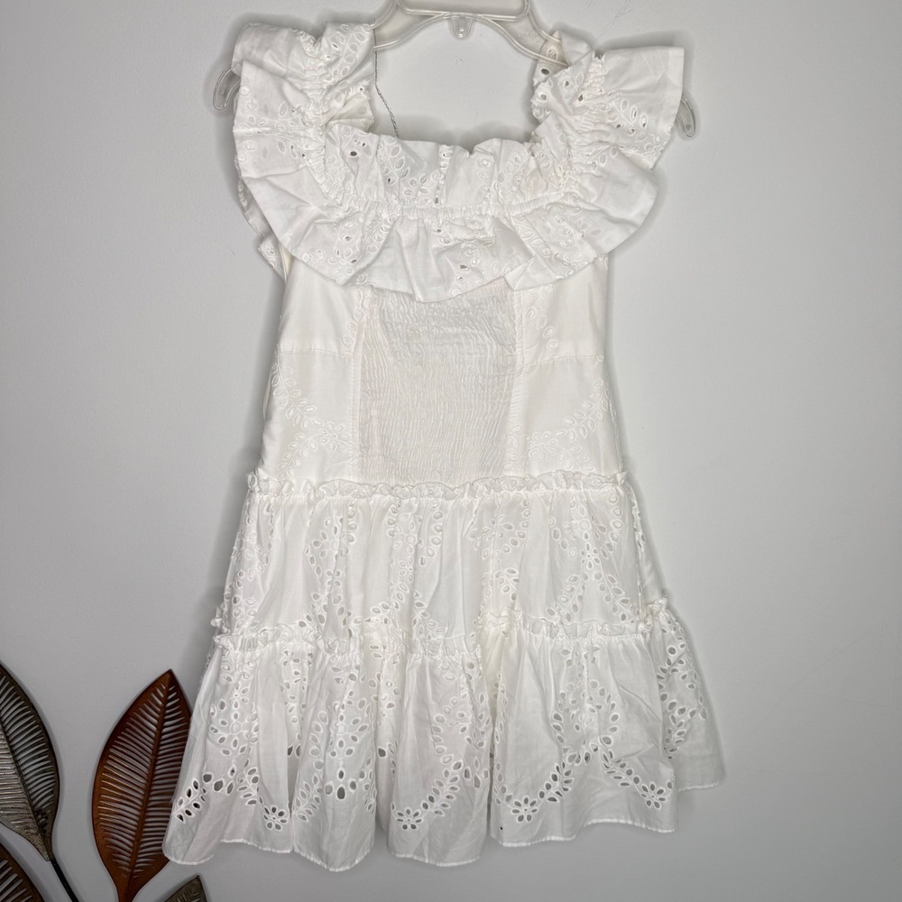 C24 Zara White Eyelet Embroidery Off The Shoulder Tiered Mini Dress Small - Picture 10 of 12
